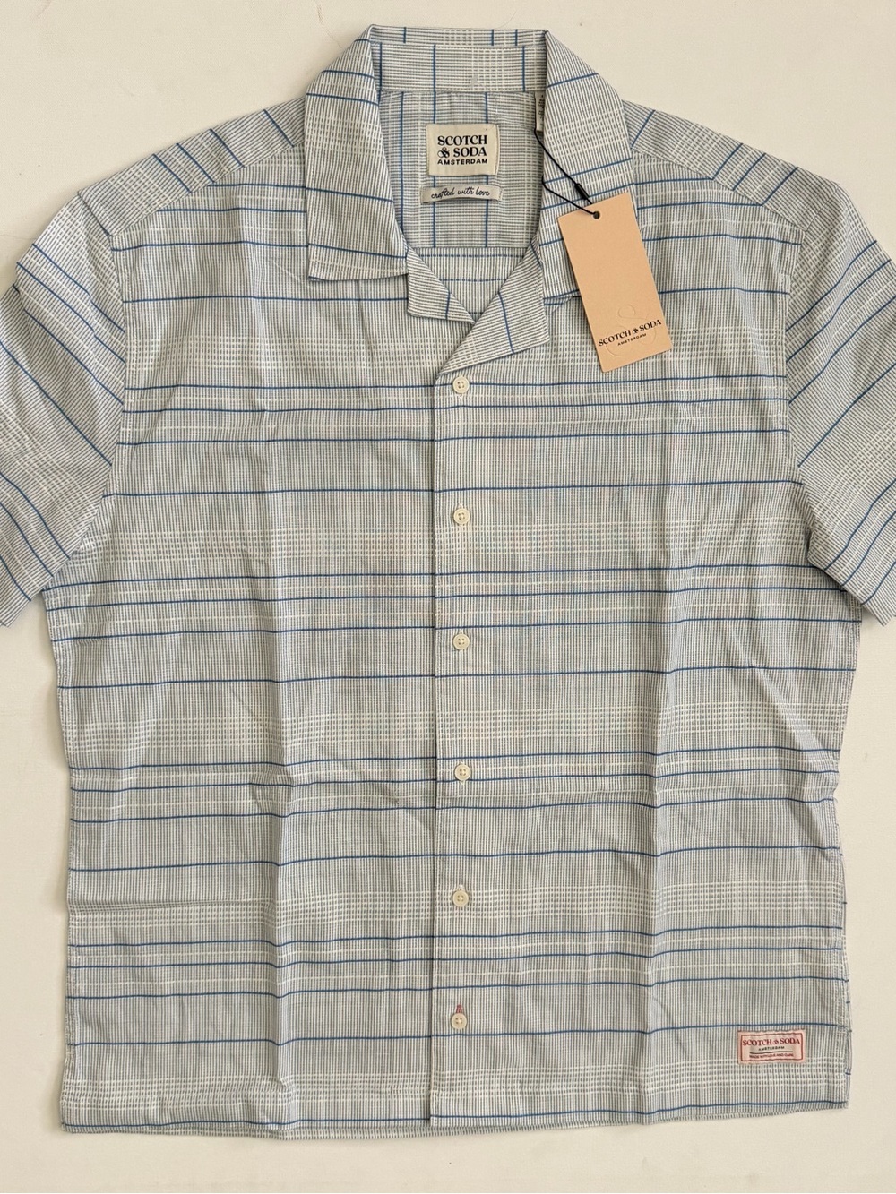 Scotch & Soda Light Blue & Navy Striped Camp Collar Shirt Size L